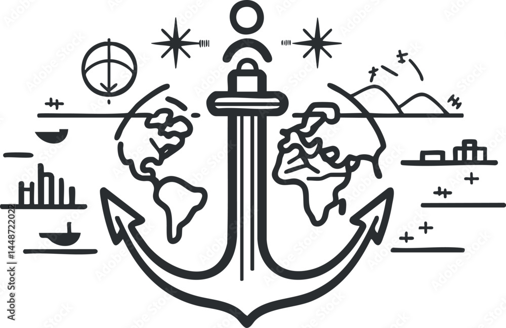 Poster minimalistic line art illustration of an anchor with world map continents and nautical navigation el