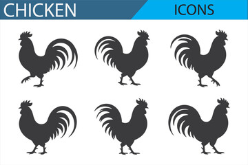 Set of Standing and Walking Chicken Icons in Black Silhouette