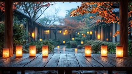 Japanese Garden Lights Glow on Wooden Table in Peaceful Autumn Scene