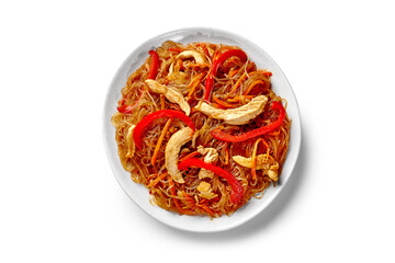 Chicken and vegetables stir fry with cellophane noodles on white background