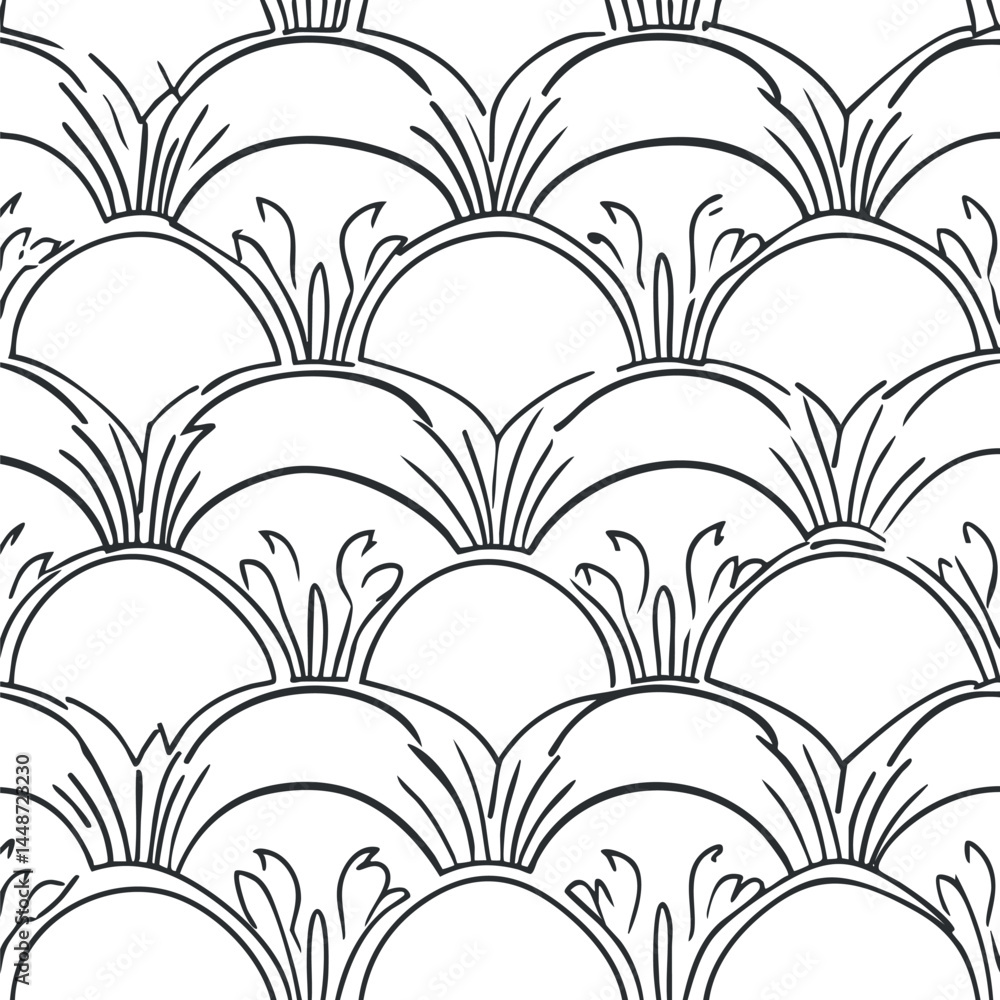 Poster seamless black and white scallop pattern with decorative curved lines and abstract wave shapes