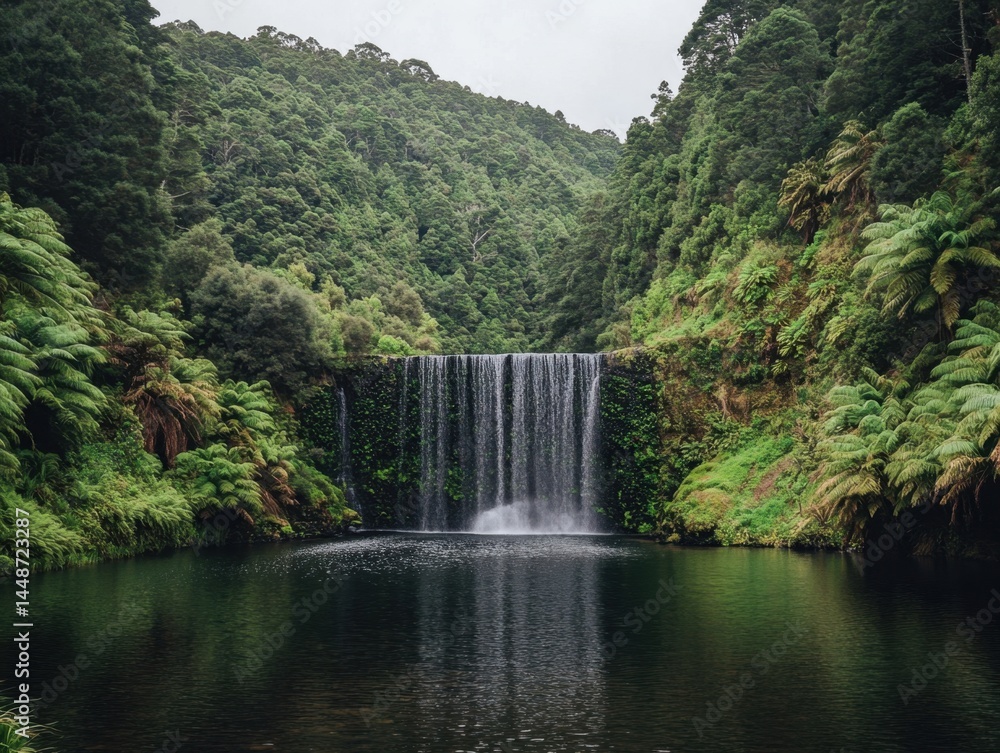Poster serene waterfall cascading into a tranquil pool surrounded by lush green forest and ferns creating a