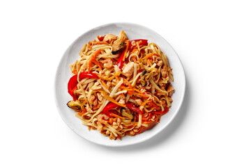 Wok with udon noodles, salmon, mussels and vegetables on white background