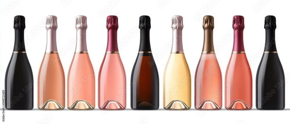 Poster elegant array of sparkling wine bottles in various colors against a clean white backdrop creating a 