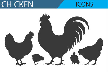 Silhouette Chicken and Hen Icons for Farm and Agriculture Design