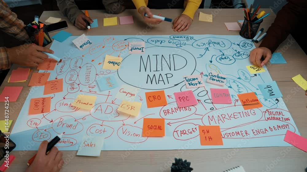 Poster dynamic brainstorming session showcasing hands engaged in creating a vibrant mind map. illustrates c
