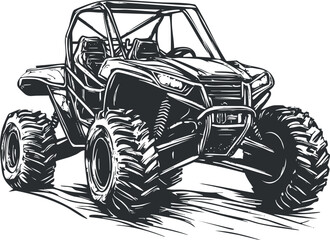 Black and white illustration of an offroad buggy vehicle with large tires ready for outdoor adventure © vadymstock