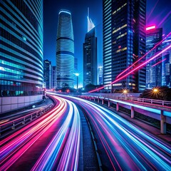 Fototapeta premium A Neon Light Streak in a Dark City Long Exposure