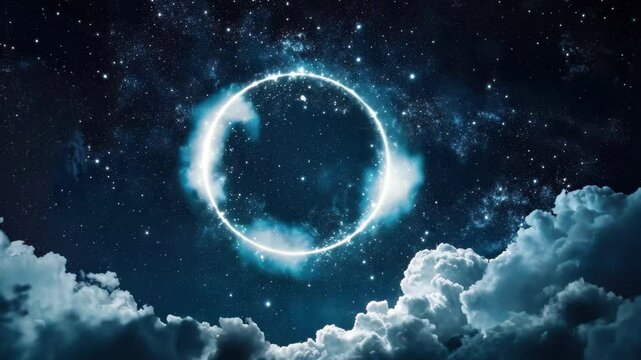 Nebula journey through clouds and star circles illuminates night sky, Nebula's Journey Through Clouds and Star Circles