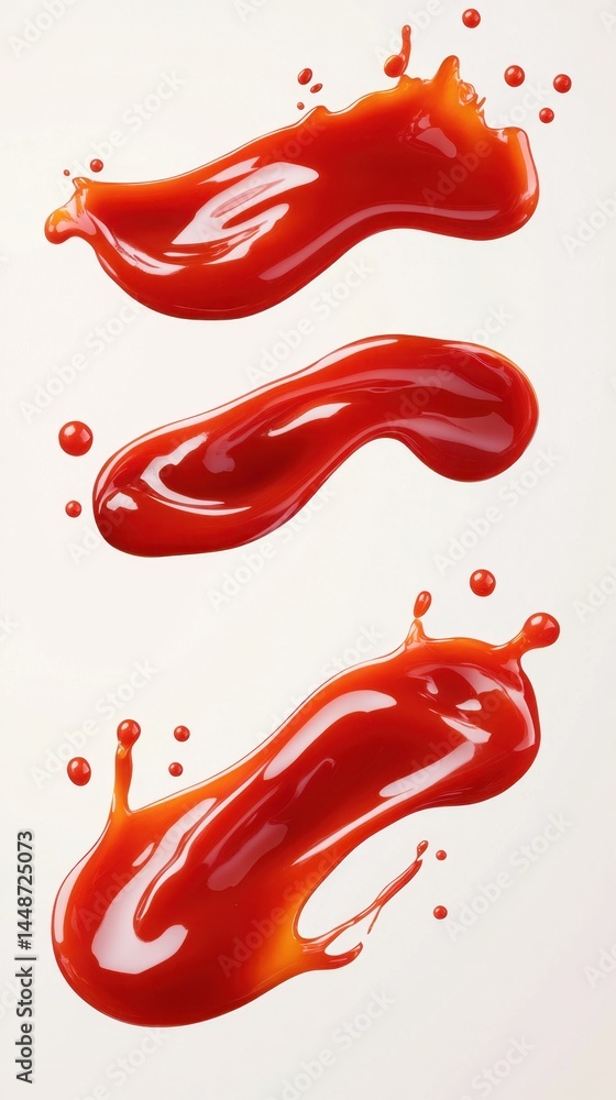 Poster dynamic vertical composition of three vibrant red liquid splashes on a clean white background showca