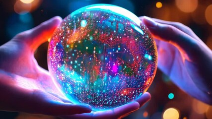 Vibrant crystal ball enchantment with glittering lights and colorful glow in mesmerizing hand movements - Powered by Adobe