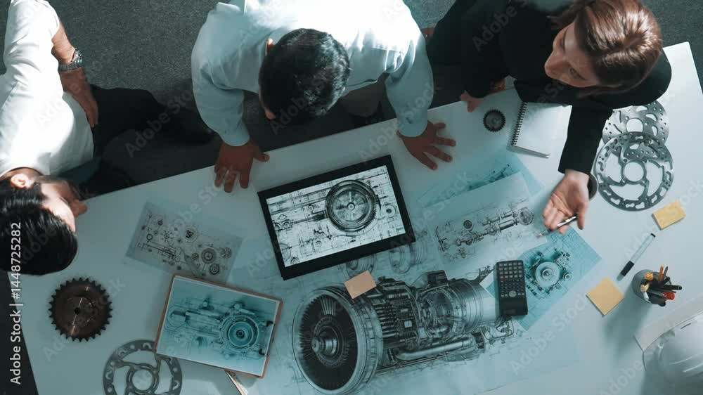 Aufkleber top down view of skilled engineer working together while looking at jet engine. aerial view of smart