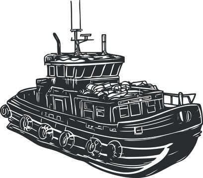 black and white tugboat graphic clip art preview