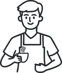 Line art illustration of a male barista holding a steaming cup of coffee wearing an apron