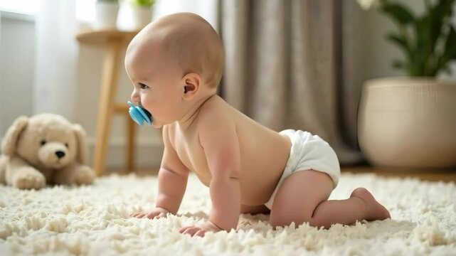 The baby rocks back and forth, not daring to crawl.