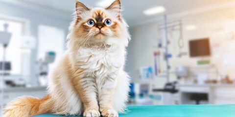 Fluffy Cat With Blue Eyes Sitting In Veterinary Clinic. Cat Awaiting Examination In Medical Setting