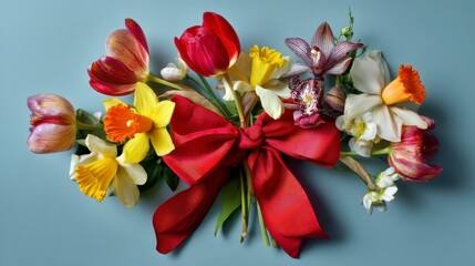 Vibrant Floral Arrangement of Tulips, Orchids, Daffodils, and Roses with Red Satin Bow on Blue Background - Perfect for Spring Celebrations and Floral Decorations