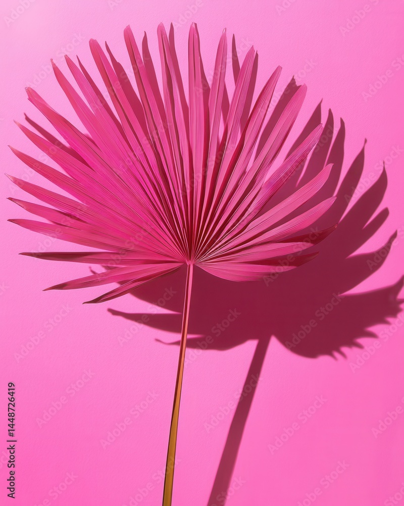 Poster vibrant pink palm leaf casting shadow on matching background in studio shot for tropical design and 