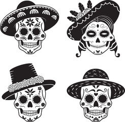 Fototapeta premium Sugar skull hat silhouette set vector illustration isolated On Transparent Background