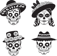 Sugar skull hat silhouette set vector illustration isolated On Transparent Background