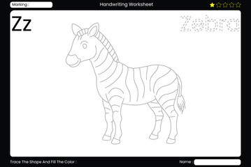 Trace Letter Z. Striking Zebra Coloring Page for Kids. Printable Vocabulary Builder. Educational Vector Worksheet.