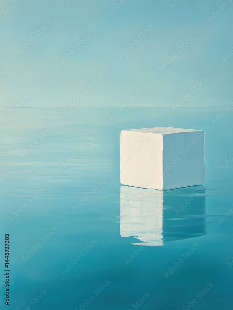 Poster serene minimalist painting of a white cube floating on a tranquil turquoise sea reflecting light cre