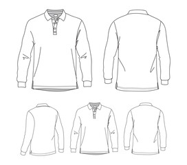 Full Sleeve Polo T-shirt vector line drawing template set mock up isolated on white background. Flat technical drawing template. Unisex T-Shirt front, Side and back view. Full Sleeve Polo.