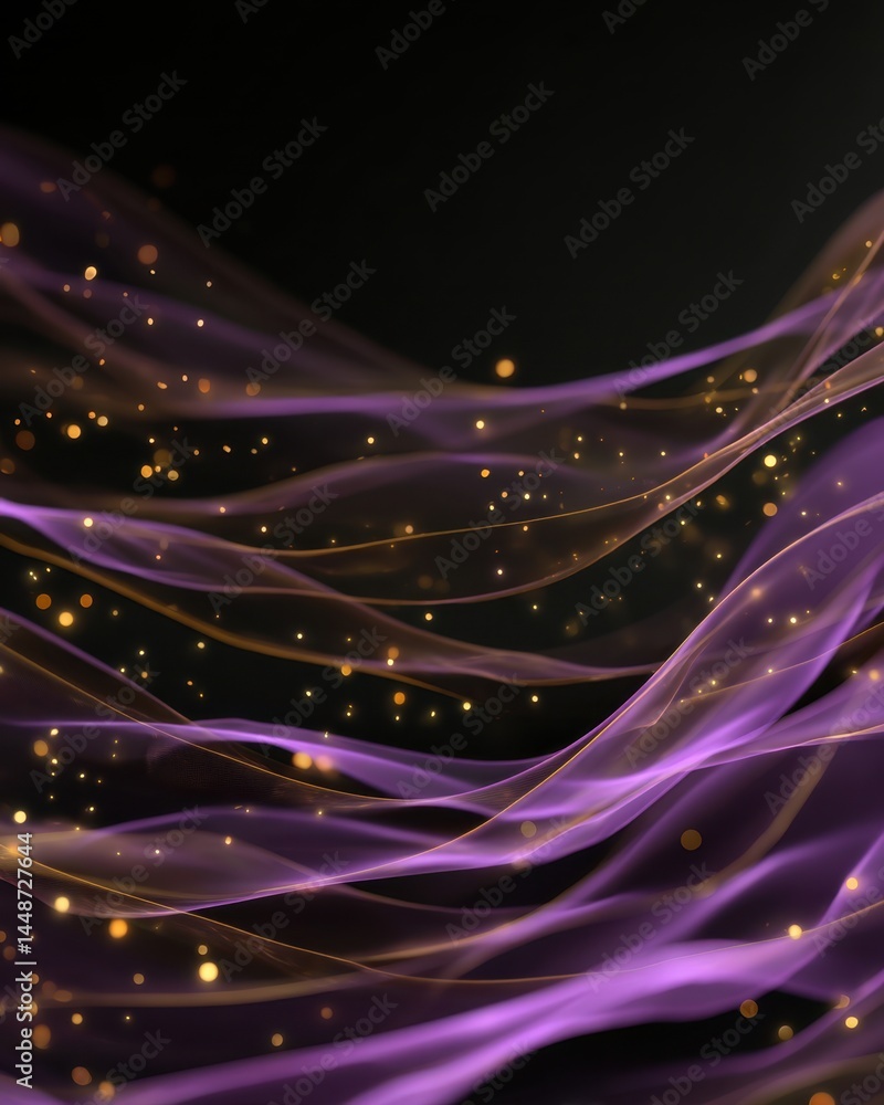 Poster abstract purple and gold waves with sparkling particles on a dark background creating an elegant and