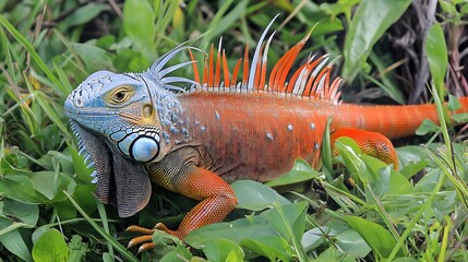 Vibrant Red and Blue Iguana in Lush Green Grass