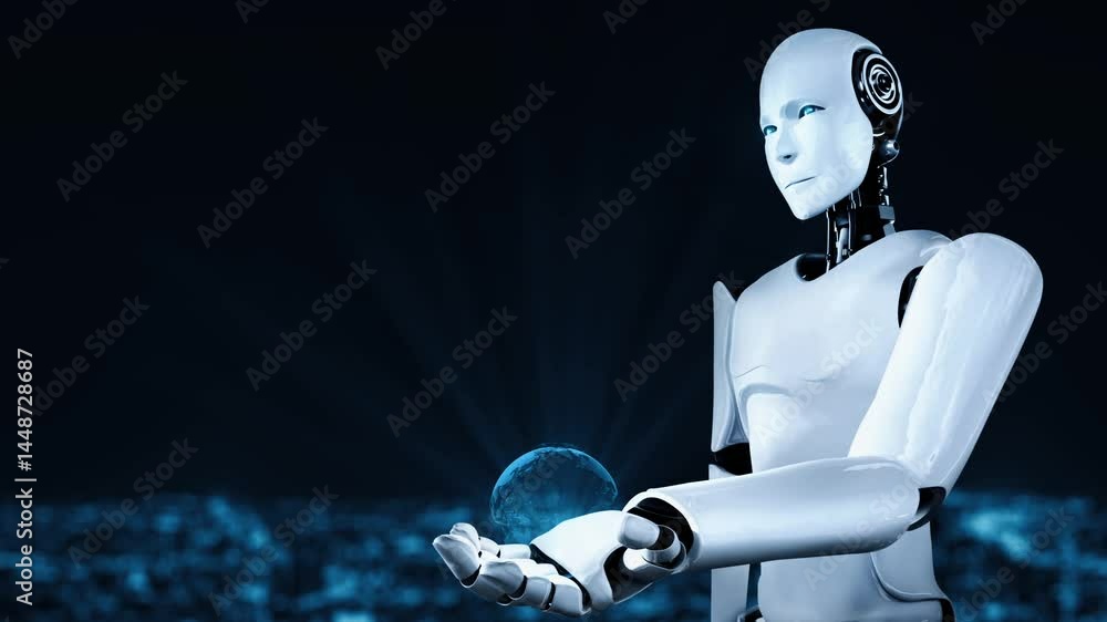 Poster ai robot huminoid uses cloud computing technology to store data on online server . futuristic concep