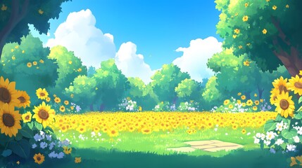 Sunflowers Field Landscape Summer Green Trees Background