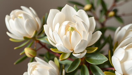 Banner with beautiful white protea flowers, smooth light. with white shades