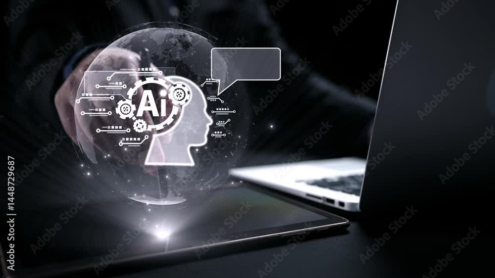 Poster human interact with ai artificial intelligence brain processor in concept of ai artificial intellige