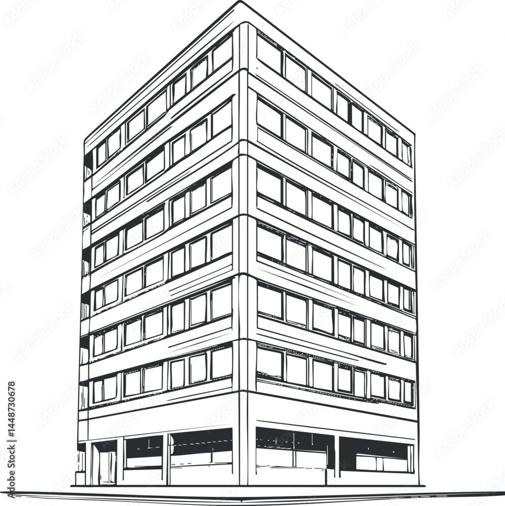 Aufkleber black and white line drawing of a modern multistory office building with multiple windows and a comm