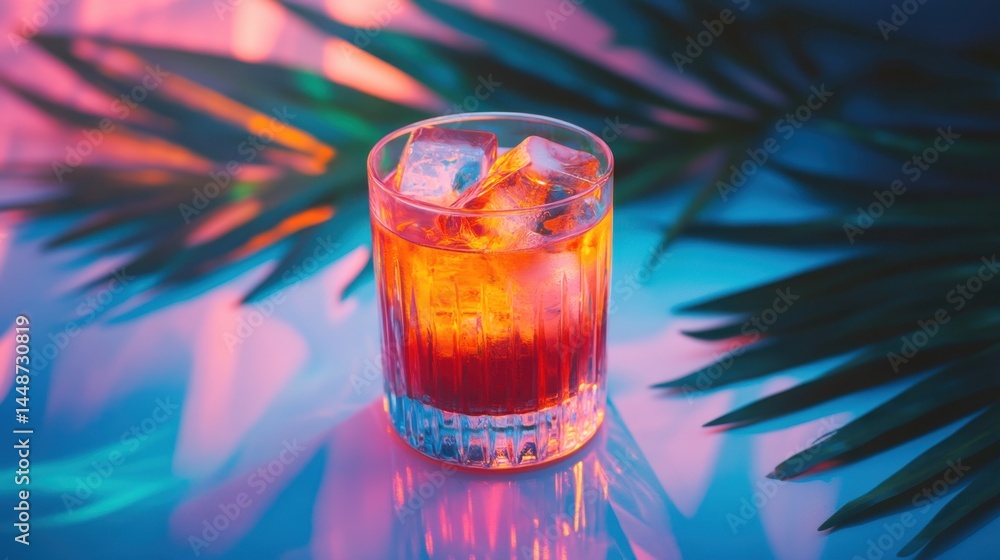 Poster refreshing cocktail with ice cubes on a vibrant surface with palm leaf shadows creating a tropical a