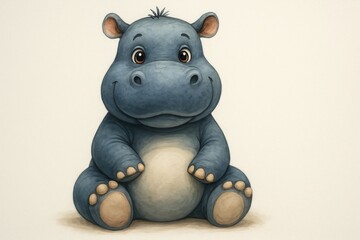 Naklejka premium This charming watercolor illustration captures a baby hippopotamus sitting contentedly with a gentle smile, radiating warmth and innocence against a soft, neutral background