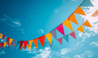 Brightly colored flags waving in the wind against a blue sky create a festive atmosphere, perfect for celebrations and outdoor events
