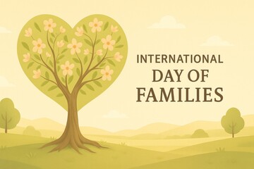 Lush green landscape featuring a heart-shaped tree with blooming flowers, celebrating the international day of families, promoting love, unity, and the importance of family bonds