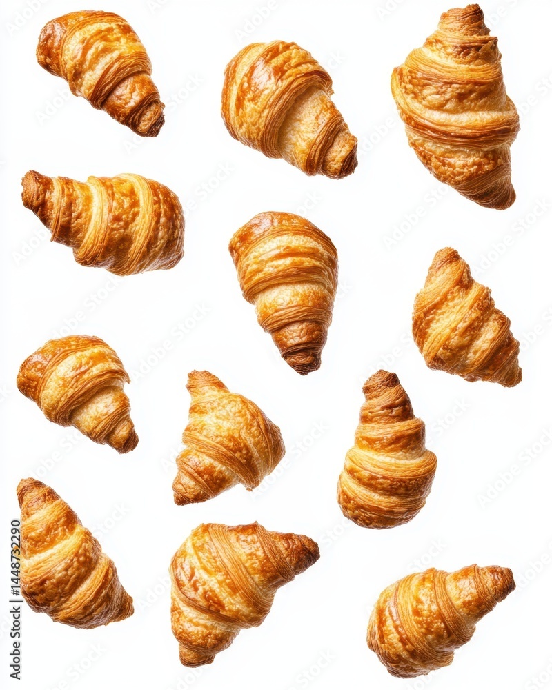 Poster delicious croissants on a white background creating a pattern with a high angle view perfect for bre