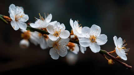 Obraz premium Spring Bloom: Delicate White Flowers Dark Background Photography, Nature's Beauty, White Blossom Branch