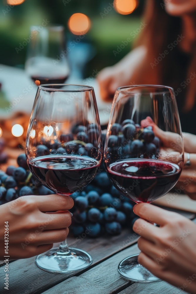 Aufkleber elegant wine glasses filled with red wine against a backdrop of fresh grapes and soft bokeh lights c
