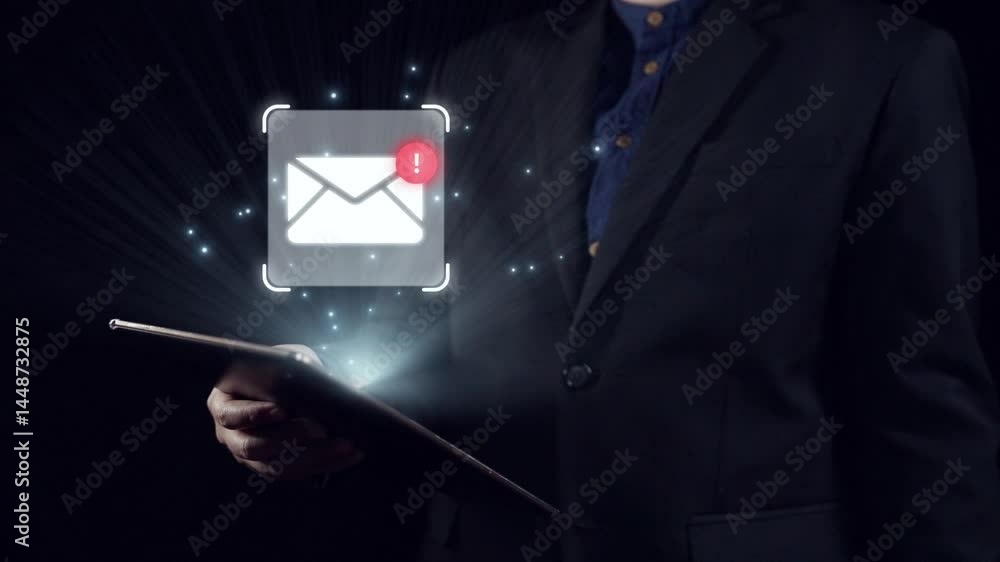 Poster business person checking email inbox, organizing and prioritizing messages for better productivity. 