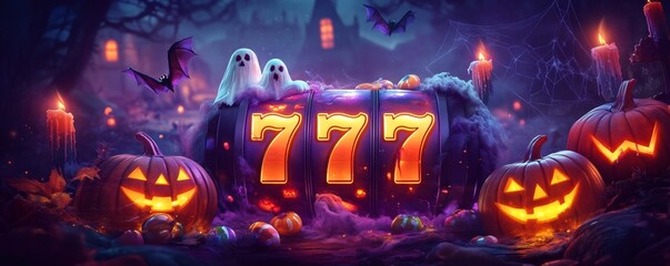 Spooky slot machine showing 777 jackpot surrounded by halloween pumpkins, ghosts, bats, candles and spiderwebs in a haunted forest