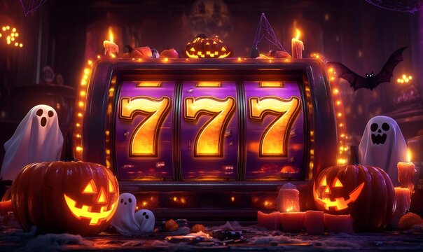 Slot machine showing jackpot 777 surrounded by halloween pumpkins, candles, ghosts and spiderwebs, creating a spooky casino gambling atmosphere