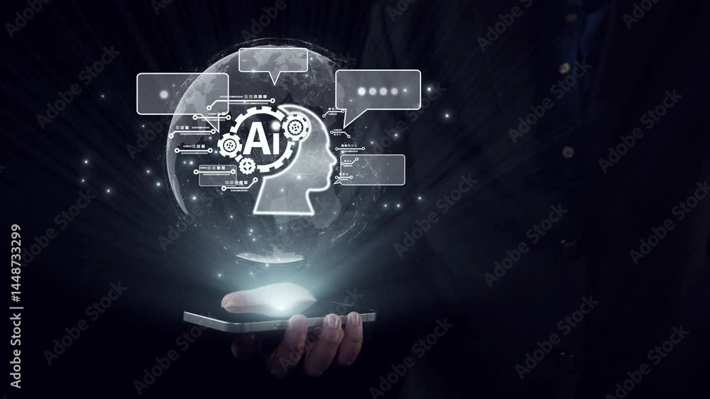 Poster human interact with ai artificial intelligence brain processor in concept of ai artificial intellige