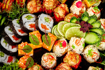 Delicious sushi platter with various rolls, nigiri, and ingredients displayed on black surface