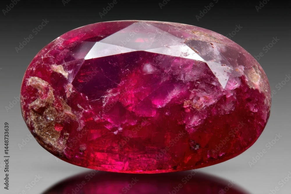 Poster captivating close up of a vibrant red ruby gemstone with intricate facets and textured surface brill