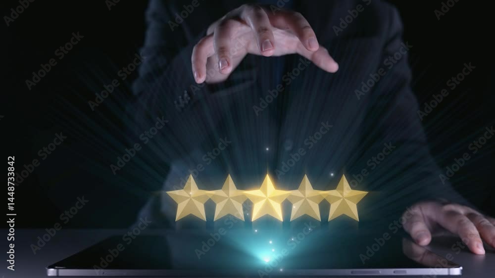 Aufkleber a pair of hands interact with floating communication icons and star ratings above a tablet screen, i