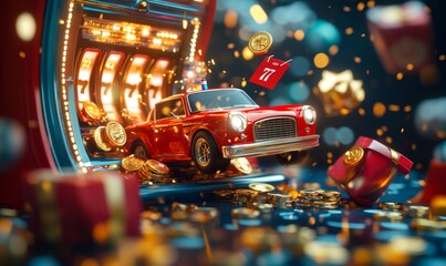 Red car winning jackpot from slot machine with triple seven, gold coins and gifts flying around, celebrating big win