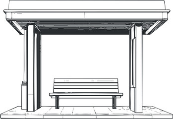 Black and white line art illustration of a bus stop shelter with bench and pavement © vadymstock